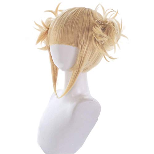 GZIRUE Peluca Rubia Corta Chica Mujer Anime Cosplay Himiko Toga Peluca con Bollos y Colmillos de Dientes de Vampiro para Disfraz de Halloween Fiesta Carnaval Lolita Wig