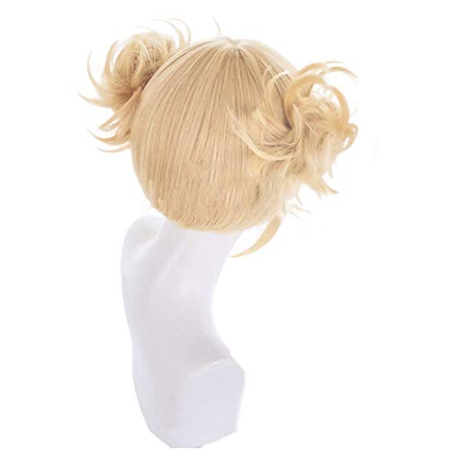 GZIRUE Peluca Rubia Corta Chica Mujer Anime Cosplay Himiko Toga Peluca con Bollos y Colmillos de Dientes de Vampiro para Disfraz de Halloween Fiesta Carnaval Lolita Wig