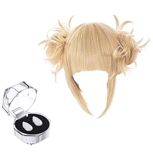 GZIRUE Peluca Rubia Corta Chica Mujer Anime Cosplay Himiko Toga Peluca con Bollos y Colmillos de Dientes de Vampiro para Disfraz de Halloween Fiesta Carnaval Lolita Wig