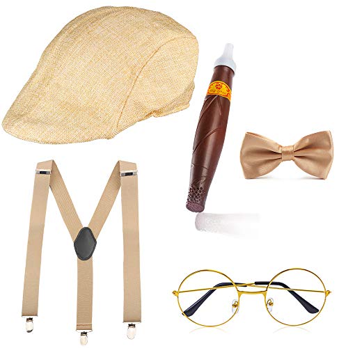 Haichen 1920s Hombre Gatsby Gangster Disfraz Accesorios Set - Gatsby Newsboy Beret Sombrero Tirantes Pre Atado Pajarita Gafas Juguete Cigarro Falso (Beige)