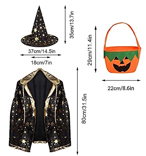 Halloween disfraz niño mago capa, Disfraz bruja bebe unisex(2 -13años)con Sombrero de mago con Bolsa caramelos, Infantil de Cosplay Fiesta espectáculo de escenario disfraces de halloween (Negra)