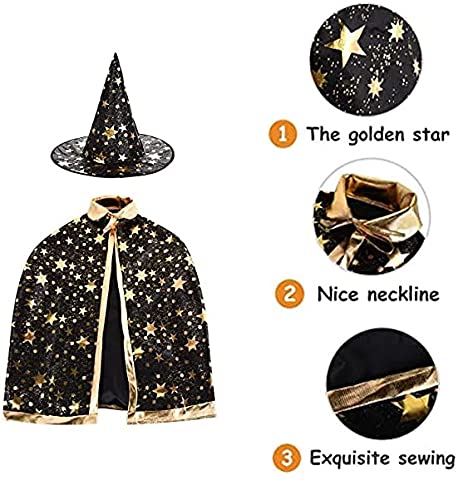 Halloween disfraz niño mago capa, Disfraz bruja bebe unisex(2 -13años)con Sombrero de mago con Bolsa caramelos, Infantil de Cosplay Fiesta espectáculo de escenario disfraces de halloween (Negra)