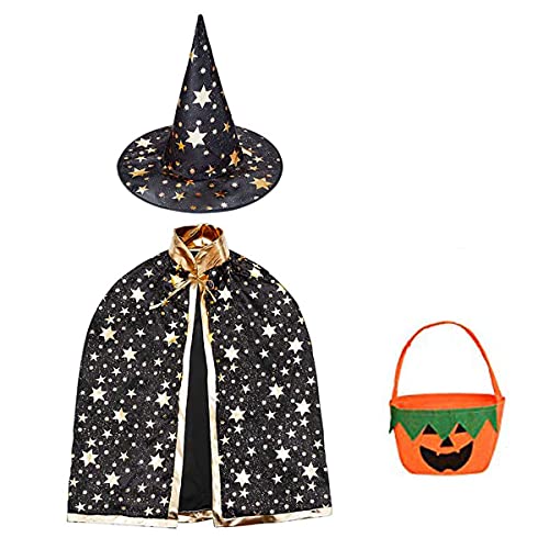 Halloween disfraz niño mago capa, Disfraz bruja bebe unisex(2 -13años)con Sombrero de mago con Bolsa caramelos, Infantil de Cosplay Fiesta espectáculo de escenario disfraces de halloween (Negra)