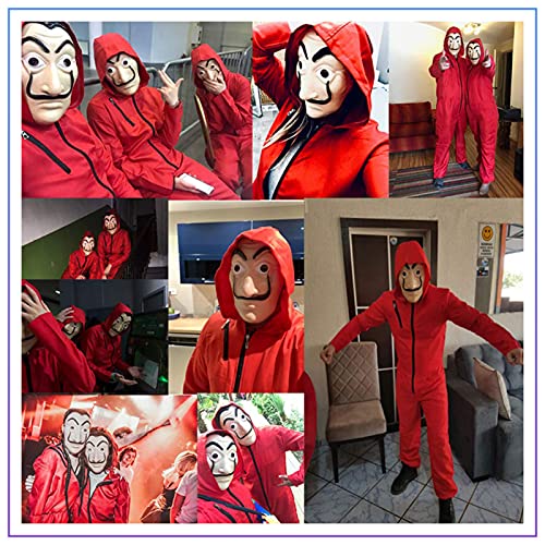 Halloween Mono de Ladrón de Banco para Carnaval,Disfraz de Ladrón Mono Rojo de Manga Larga con Capucha,Conjunto de Cosplay Disfraces Máscara y Ametralladora,Disfraz de Carnival (Adult-L--175-180)