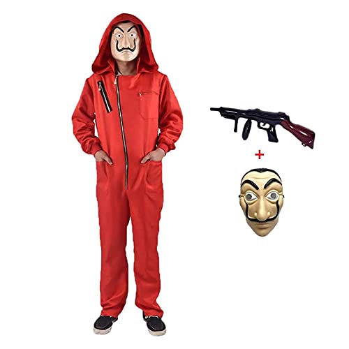 Halloween Mono de Ladrón de Banco para Carnaval,Disfraz de Ladrón Mono Rojo de Manga Larga con Capucha,Conjunto de Cosplay Disfraces Máscara y Ametralladora,Disfraz de Carnival (Adult-L--175-180)