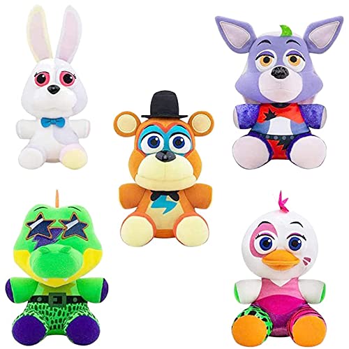 Hao-zhuokun Five Nights at Freddys Plush Toy Set Glamrock Freddy Chica Montgomery Gator Roxanne Wolf Vanny de Security Breach Cute PP Plush Stuffed Doll para niños Regalo de cumpleaños