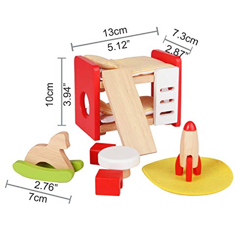 Hape Dormitorio Niños de Madera, Habitación Infantil con Muchos Detalles para Casa de Muñecas Conjunto de Muebles que Incluye Literas, Mesa, Sillas y Cohete Espacial