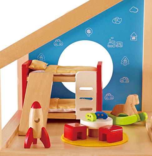 Hape Dormitorio Niños de Madera, Habitación Infantil con Muchos Detalles para Casa de Muñecas Conjunto de Muebles que Incluye Literas, Mesa, Sillas y Cohete Espacial