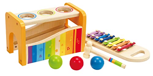 Hape Golpea Pelotas Xilófono, Premiado Juguete Musical para Tocar de Madera Duradero para Niños y Niñas Pequeños, Multifuncional y con Colores Vivos