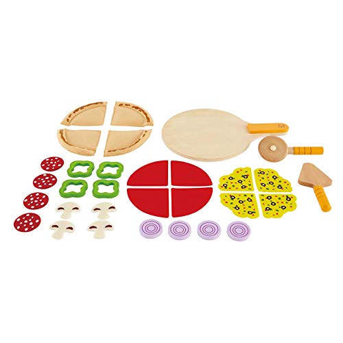 Hape Juego de Cocina de Pizza Casera, Comida de Juguete para Mezclar y Combinar, Pizza de Madera con Base para Cocinar, Condimentos y Accesorios para Servir