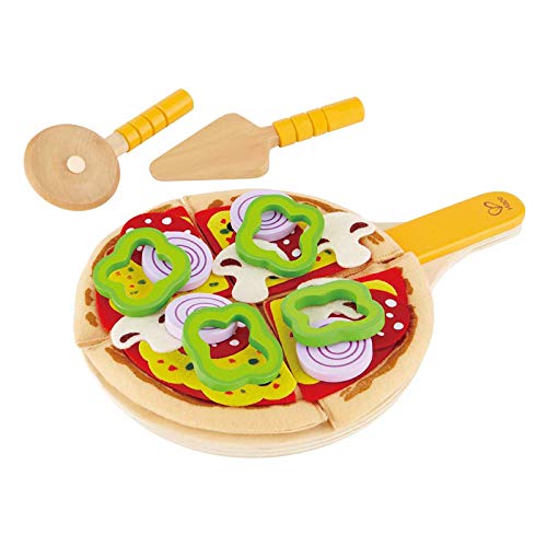 Hape Juego de Cocina de Pizza Casera, Comida de Juguete para Mezclar y Combinar, Pizza de Madera con Base para Cocinar, Condimentos y Accesorios para Servir