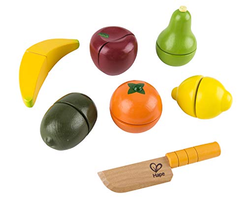 Hape Juego de Cocina Set Frutas, Juego de Comida de Madera para Niños y Niñas Galardonado, Piezas de Fruta y Cuchillo de Juguete para Fomentar Hábitos de Alimentación Saludables