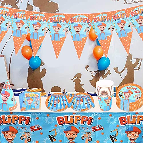 HASAKA Suministros de fiesta de cumpleaños para profesores de inglés Blippi, cenas para niños, decoraciones de fiesta de cumpleaños con temática BLippi (78 piezas)