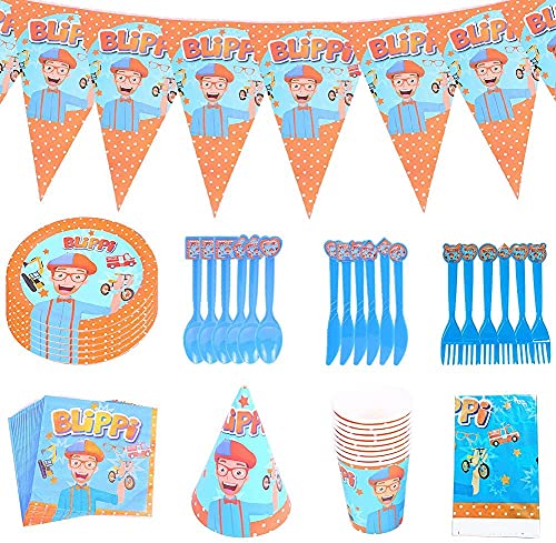 HASAKA Suministros de fiesta de cumpleaños para profesores de inglés Blippi, cenas para niños, decoraciones de fiesta de cumpleaños con temática BLippi (78 piezas)