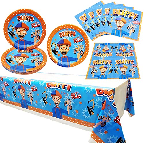 HASAKA Suministros de fiesta de cumpleaños para profesores de inglés Blippi, cenas para niños, decoraciones de fiesta de cumpleaños con temática BLippi (41 piezas)