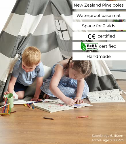 Haus Projekt Tienda Tipi para niños con Luces de Hadas, empavesado y Base Impermeable incluida - Tienda para Jugar e Imaginar, 100% algodón, para Interior / Exterior (Rayas Grises)