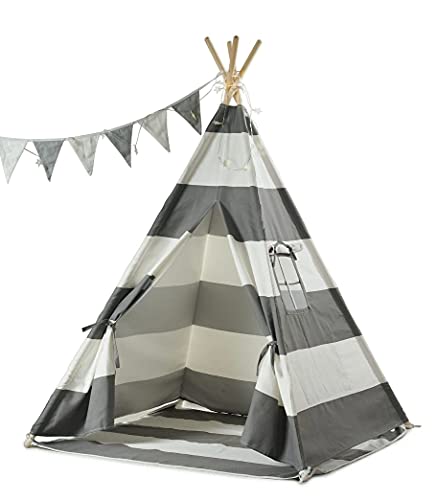 Haus Projekt Tienda Tipi para niños con Luces de Hadas, empavesado y Base Impermeable incluida - Tienda para Jugar e Imaginar, 100% algodón, para Interior / Exterior (Rayas Grises)