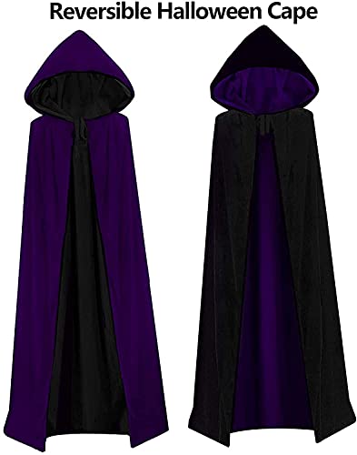 HBselect Capa con Capucha de Halloween, Larga Capa de Terciopelo para Adultos Niños, Disfraces de Halloween para Fiesta Cosplay Carnaval(Negro + Morado,150cm)