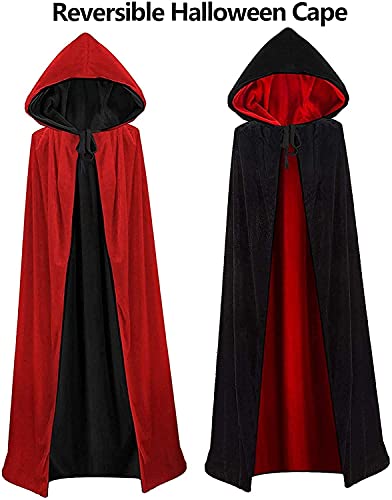 HBselect Capa con Capucha de Halloween, Larga Capa de Terciopelo para Adultos Niños, Disfraces de Halloween para Fiesta Cosplay Carnaval(Negro + Rojo,170cm)