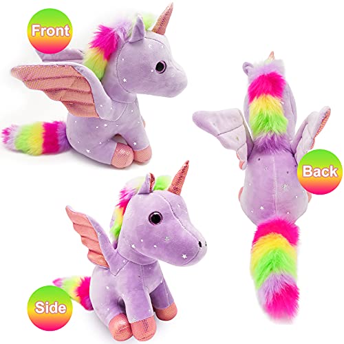 Heionia Unicornio Peluche Muñeco 9IN Super Lindo Unicornios Juguete para Niñas Muñeco de Animal Peluche Suave Cojín Almohada de Peluche Unicornio con Alas Regalos para Niños, 23CM (Morado)