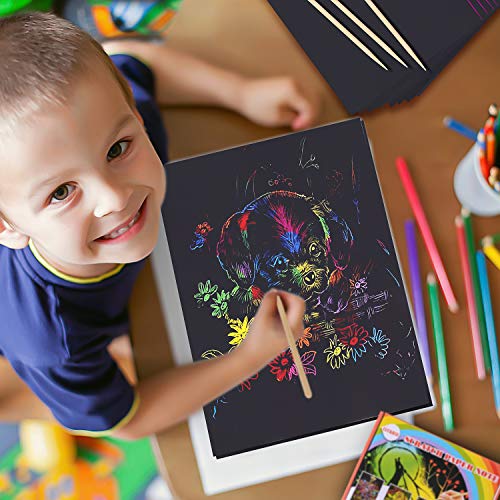 HellDoler Manualidades para Niños,60 Hojas Scratch Art Cuadernos para Dibujar Papel de Rascar Incluye 4 Plantillas de Plantillas de Dibujo y 6 Lápices de Madera