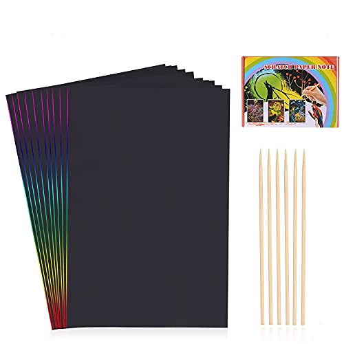 HellDoler Manualidades para Niños,60 Hojas Scratch Art Cuadernos para Dibujar Papel de Rascar Incluye 4 Plantillas de Plantillas de Dibujo y 6 Lápices de Madera