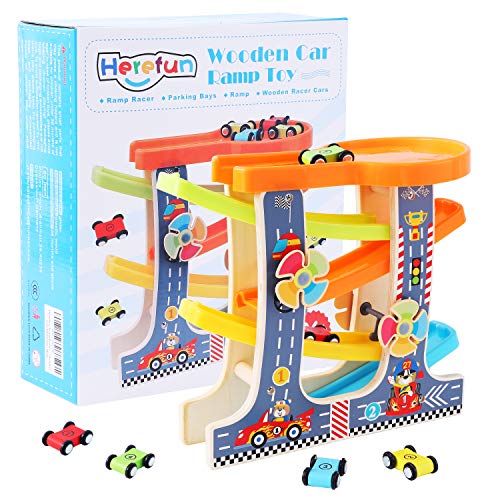 Herefun Juguetes de Pista de Madera, Pista de Carrera de Madera, Rampa de Carrera para Niños, Juegos Circuito Coches, Educativos Regalo Juguetes de Madera para Niños