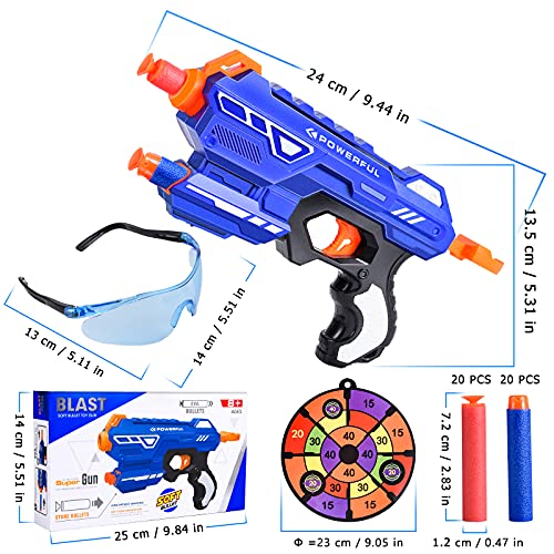 Herefun Pistola de Juguete para Flechas Nerf, Pistola de Dardos de Espuma con 40 Espuma Balas+Gafas Protectoras+Objetivo, Juegos Tiro Pistola de Ninos Regalos de Cumpleaños y Navidad para Niños