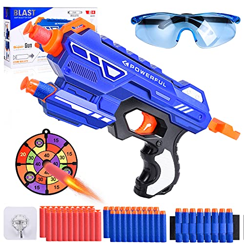 Herefun Pistola de Juguete para Flechas Nerf, Pistola de Dardos de Espuma con 40 Espuma Balas+Gafas Protectoras+Objetivo, Juegos Tiro Pistola de Ninos Regalos de Cumpleaños y Navidad para Niños