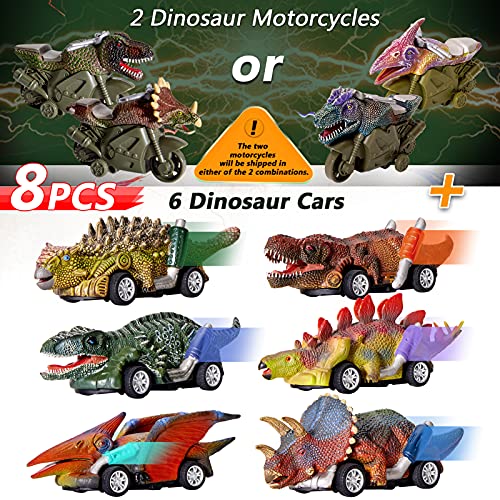 HERSITY Coche Dinosaurios de Juguetes Incluir 6 Dinosaurio Tire hacia Atrás Coches y 2 Friccion Motocicletas Regalos para Bebes Niños