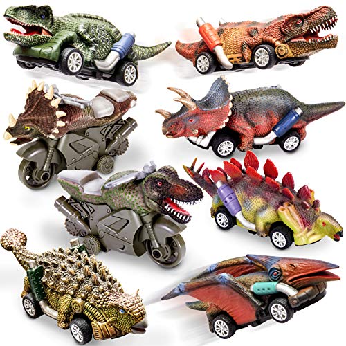 HERSITY Coche Dinosaurios de Juguetes Incluir 6 Dinosaurio Tire hacia Atrás Coches y 2 Friccion Motocicletas Regalos para Bebes Niños