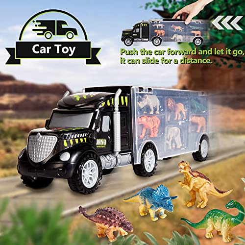 HERSITY Dinosaurios Camiones de Transporte de Juguete Transportador de Coches con 6 Animales y 6 Dinosaurios Juegos para Niños Niñas