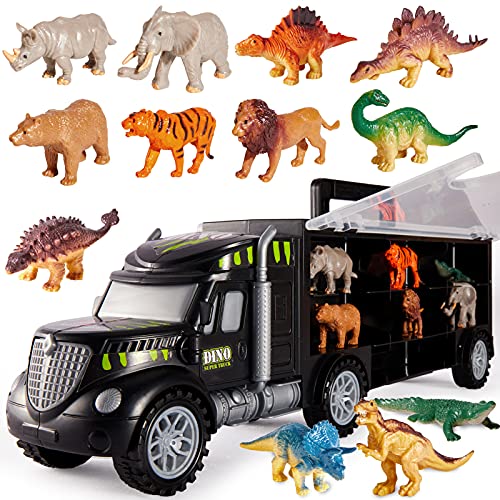 HERSITY Dinosaurios Camiones de Transporte de Juguete Transportador de Coches con 6 Animales y 6 Dinosaurios Juegos para Niños Niñas