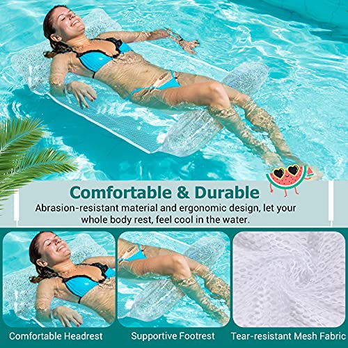 HeySplash Hamaca de Piscina Flotante 2 Piezas, Tumbona Hinchable PVC Colchoneta Agua Cama Plegable Flotador Playa Inflables Malla Nailon Soporta 100 Kg Juquetes para Adultos Niños, Blanco