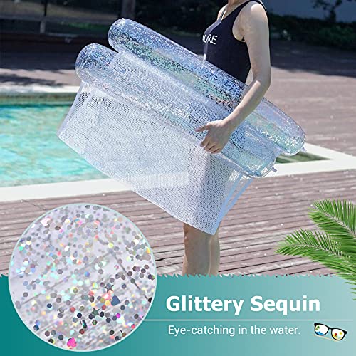 HeySplash Hamaca de Piscina Flotante 2 Piezas, Tumbona Hinchable PVC Colchoneta Agua Cama Plegable Flotador Playa Inflables Malla Nailon Soporta 100 Kg Juquetes para Adultos Niños, Blanco