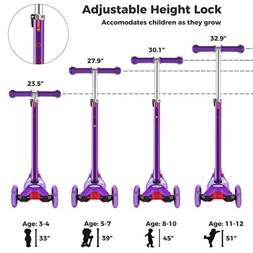 Hikole Patinete 3 Led Ruedas para 3 a 12 Años Patinete Ajustable, Diseño Plegable, Manillar Ajustable, Carga Máxima de 110lb