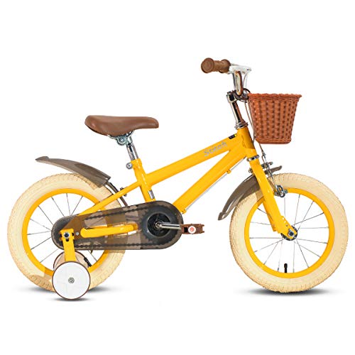 HILAND ins Star Bicicleta Infantil de 14 Pulgadas para niños de 3 a 6 años con Ruedas de Entrenamiento, Freno de Mano, Guardabarros Amarillo Cuadro de 400mm-500mm