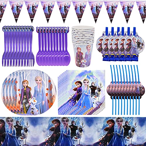 Hilloly 78 pcs Frozen Juego de Fiesta de cumpleaños Vajilla Fiesta Decoración Cumpleaños Vajilla Plato, Servilleta de Papel, Tenedor, Taza, Mantel,Vajilla de Fiesta - 10 Personas