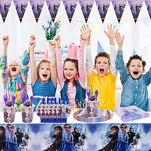 Hilloly 78 pcs Frozen Juego de Fiesta de cumpleaños Vajilla Fiesta Decoración Cumpleaños Vajilla Plato, Servilleta de Papel, Tenedor, Taza, Mantel,Vajilla de Fiesta - 10 Personas