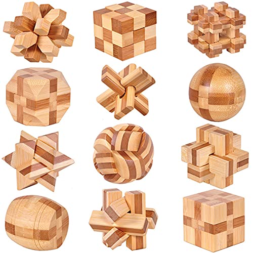 Holzsammlung 12 Piezas Cubo 3D Rompecabezas de Madera, Prueba de Inteligencia Kongming Classic Puzzle Bloqueo Educativo Juego de Prueba de Inteligencia Juguetes Navidad Regalo para Adultos Niños