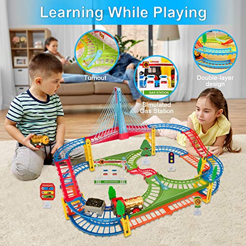 HOMCENT Juego de carriles con puente musical y cable eléctrico LED para niños, niños pequeños, preescolar, niños y niñas