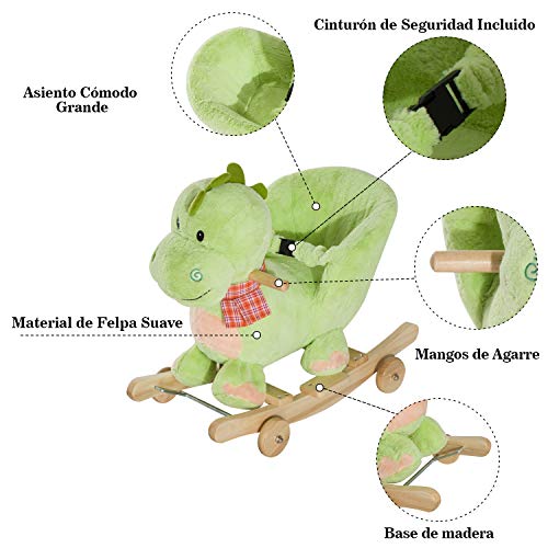 HOMCOM 2 en 1 Caballito Balancín Bebé +18 Meses Balancín Peluche Madera con Ruedas para Rodar Sonido Cinturón de Seguridad Mecedora Balancín 60x32x52cm