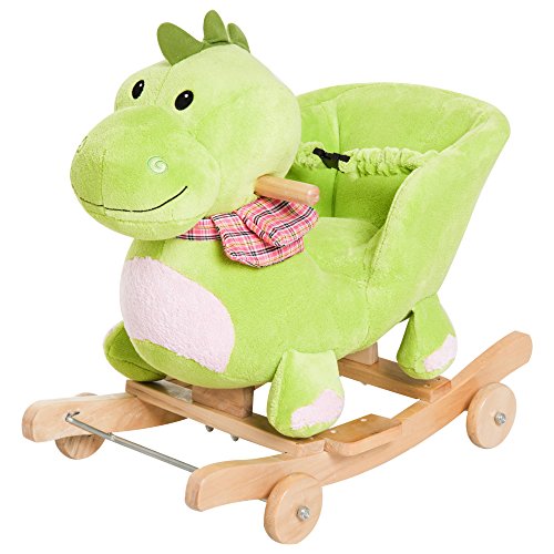 HOMCOM 2 en 1 Caballito Balancín Bebé +18 Meses Balancín Peluche Madera con Ruedas para Rodar Sonido Cinturón de Seguridad Mecedora Balancín 60x32x52cm