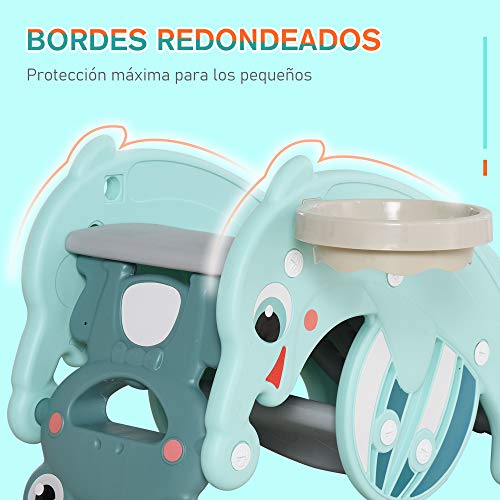 HOMCOM 3 en 1 Balancín Tobogán para Niños Aro de Baloncesto Set de Juegos Multifuncional con Superficies Suaves +3 Años con Forma de Rana Delfín 72x34x47 cm Verde