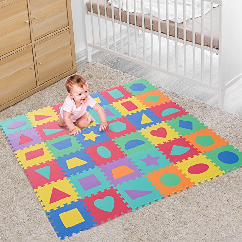 HOMCOM 36 Piezas Alfombra Puzzle Niños 31x31x1 cm con 18 Figuras Geométricas Colchoneta Suave 3,24 m² de Espuma EVA Lavable Juego Rompecabezas Bebé Multicolor