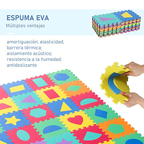 HOMCOM 36 Piezas Alfombra Puzzle Niños 31x31x1 cm con 18 Figuras Geométricas Colchoneta Suave 3,24 m² de Espuma EVA Lavable Juego Rompecabezas Bebé Multicolor