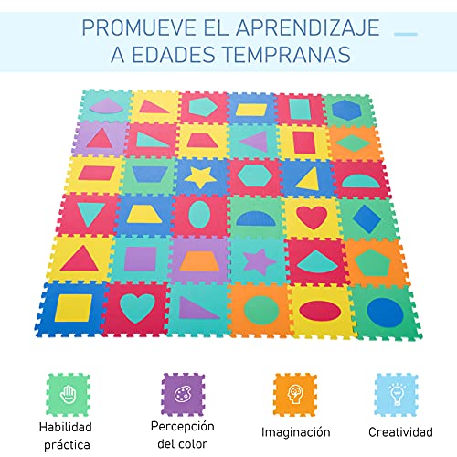 HOMCOM 36 Piezas Alfombra Puzzle Niños 31x31x1 cm con 18 Figuras Geométricas Colchoneta Suave 3,24 m² de Espuma EVA Lavable Juego Rompecabezas Bebé Multicolor