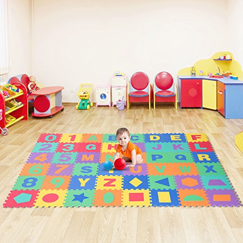 HOMCOM 48 Piezas Alfombra Puzzle para Niños de 31x31x1cm con 26 Letras Números 0 al 9 y 12 Tipos de Fuguras Geométricas Colchoneta Suave 4,32 m² de Espuma EVA