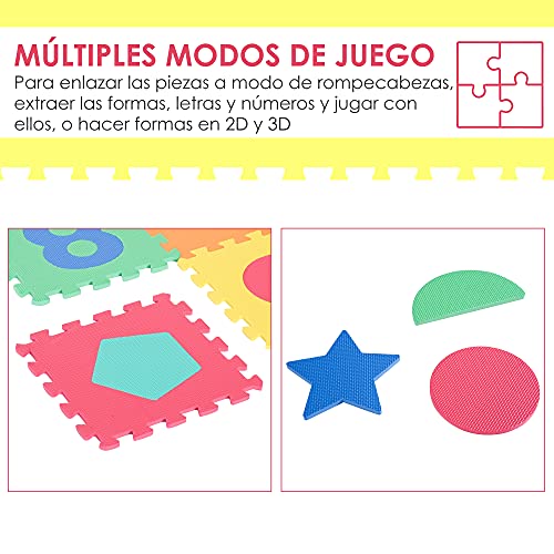 HOMCOM 48 Piezas Alfombra Puzzle para Niños de 31x31x1cm con 26 Letras Números 0 al 9 y 12 Tipos de Fuguras Geométricas Colchoneta Suave 4,32 m² de Espuma EVA