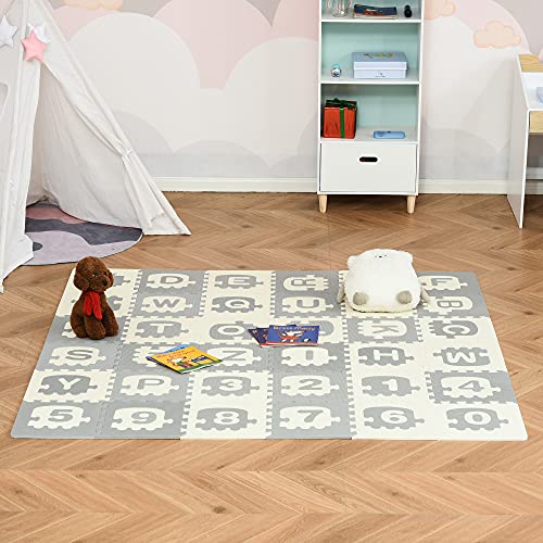 HOMCOM Alfombra Puzzle para Bebés 36 Piezas 31,5x31,5 cm con 26 Letras (A-Z) y Números 0 al 9 Juego Ronpecabezas Infantil de 3,24 m² Espuma EVA Suave Gris y Blanco